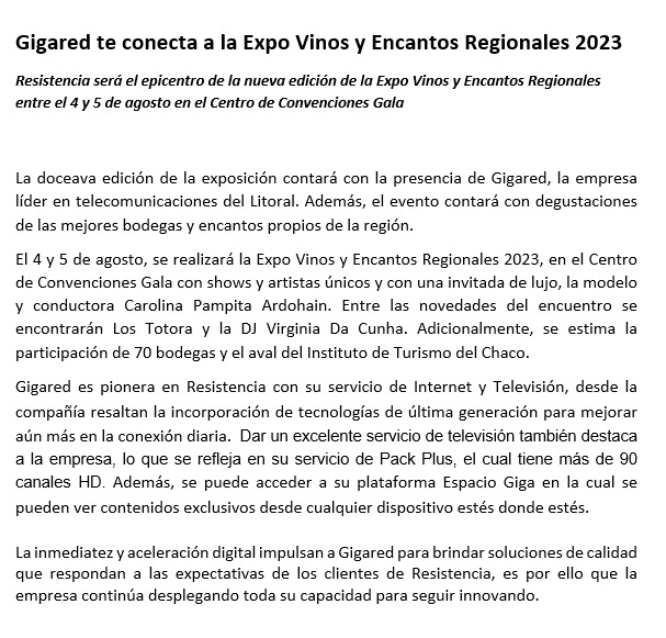 Gigared en la Expo Vinos y Encantos Regionales 2023 STO Noticias